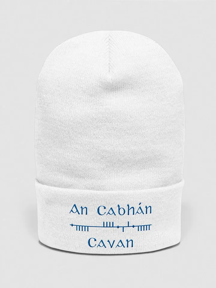 Cavan/An Cabhán, White with Blue, Scholastic Style Ogham embroidered Cuffed Beanie product image (1)