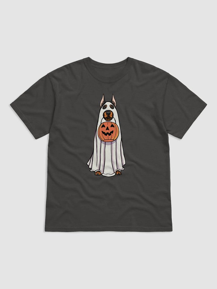 Funny Halloween Doberman T-Shirt | Funny Doberman Wearing a Ghost Costume and Holding a Pumpkin Basket product image (1)