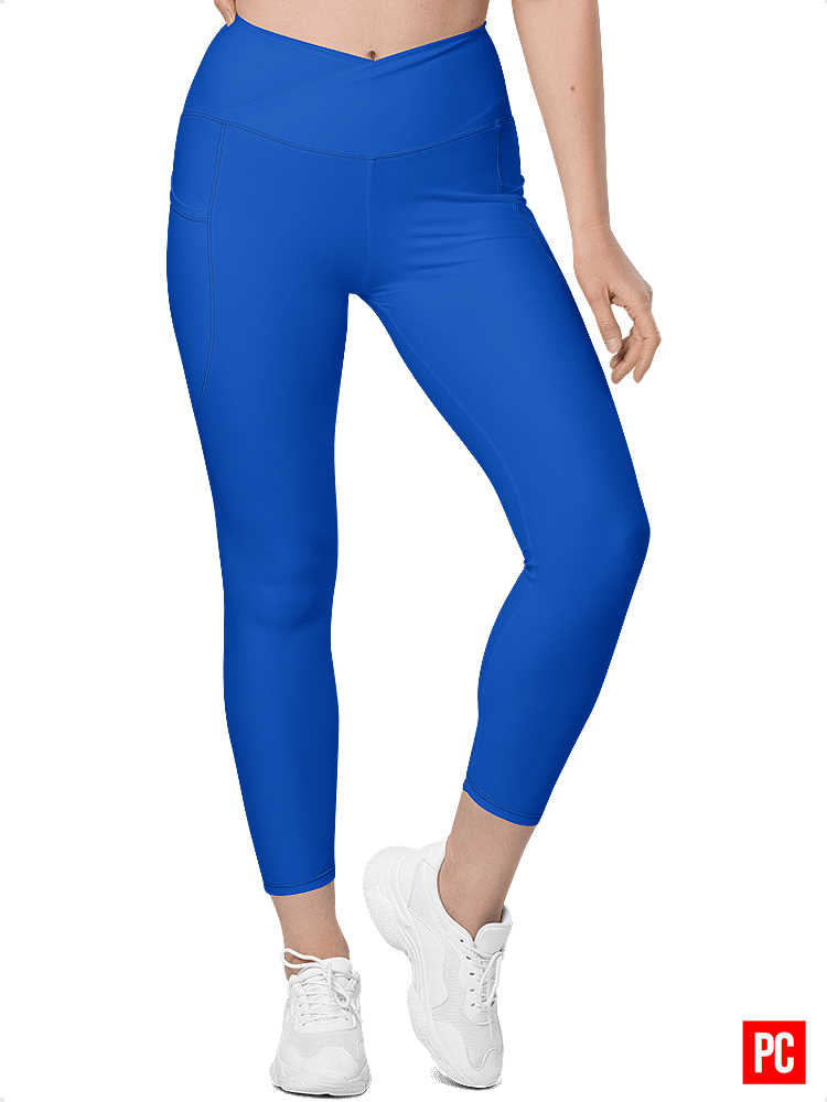Plain Color Absolute Blue Crossover Leggings with Pockets product image (1)