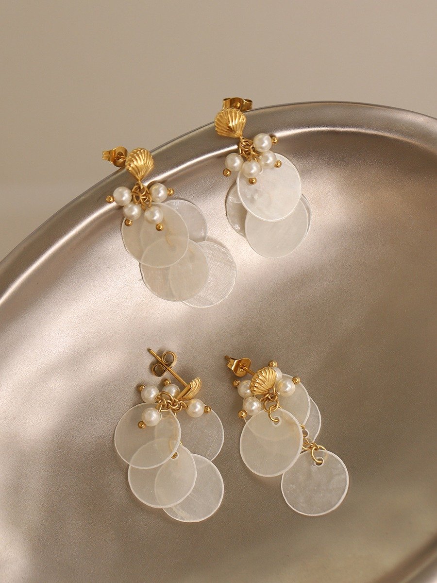 Shell Disc & Pearl Cluster Statement Earrings | 18K Gold Plated product image (7)