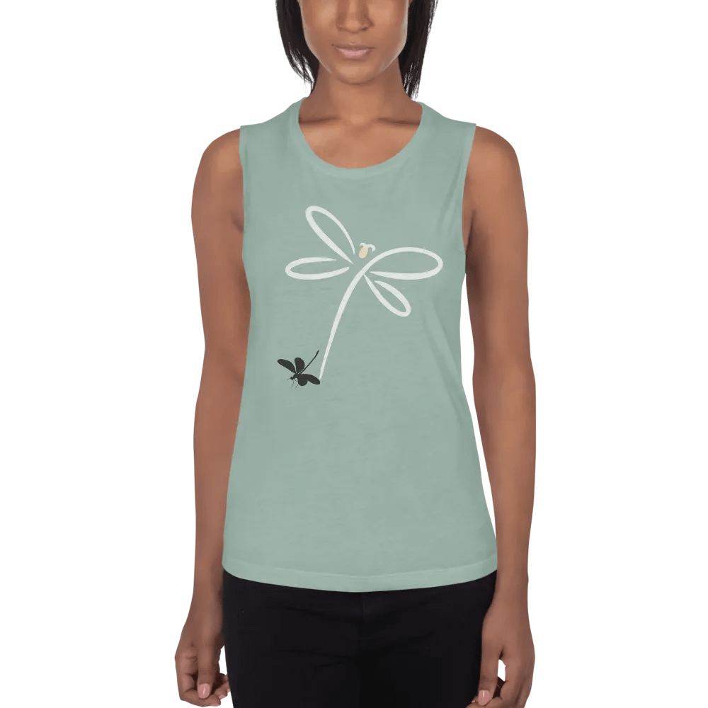 Womens flowy muscle tank top with stylish dragonfly design. Minimilist style product image (1)