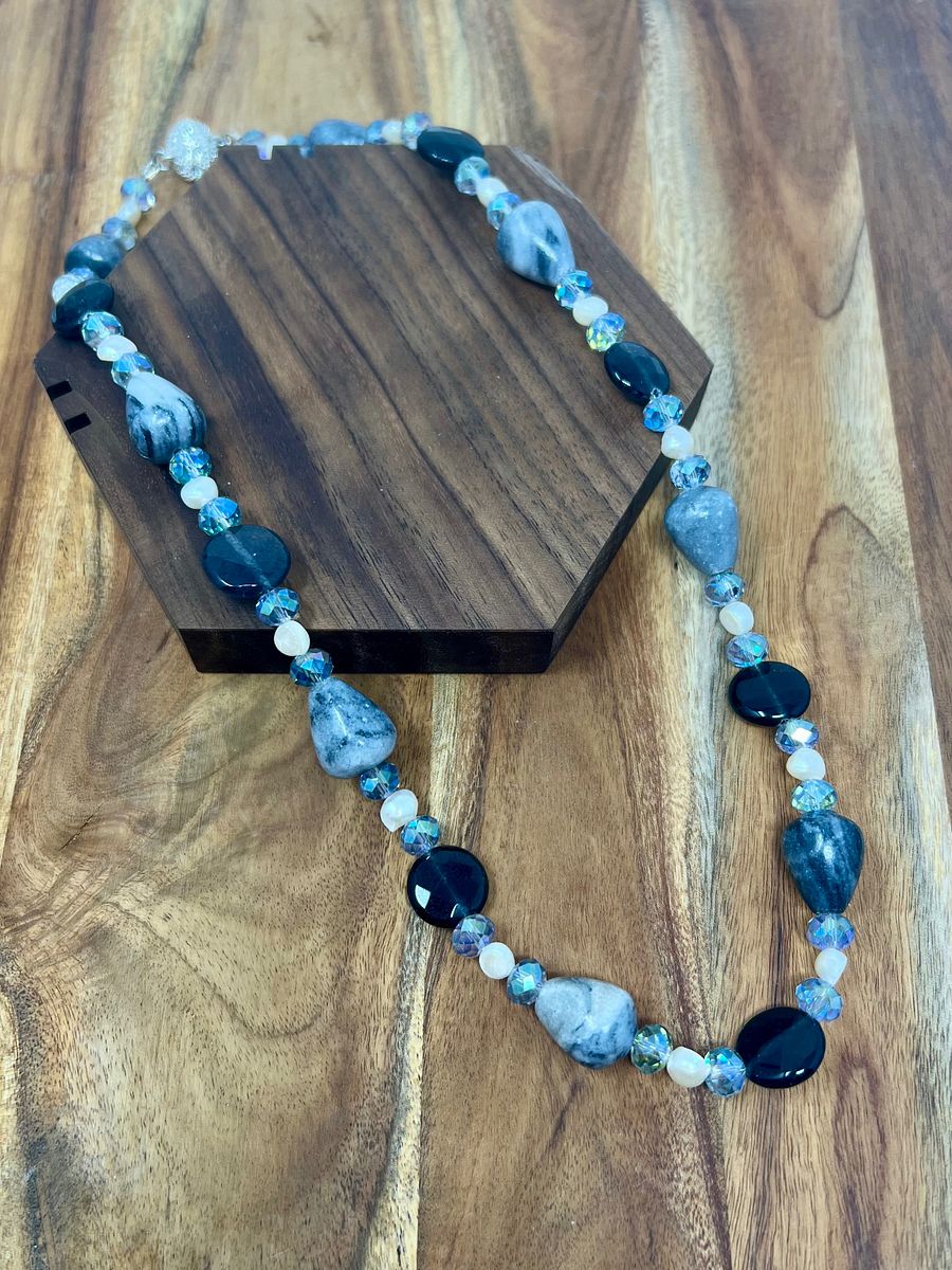 Handmade Necklace (Gray Stones, Pearls, Crystals) product image (2)