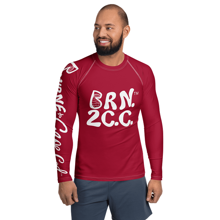 BRN.2C.C.™ /BOURNE to Cape Cod™ | Men’s Long Sleeve Rash Guard | UPF 50+ Active Coastal Shirt | White Logos on Cranberry Red product image (1)