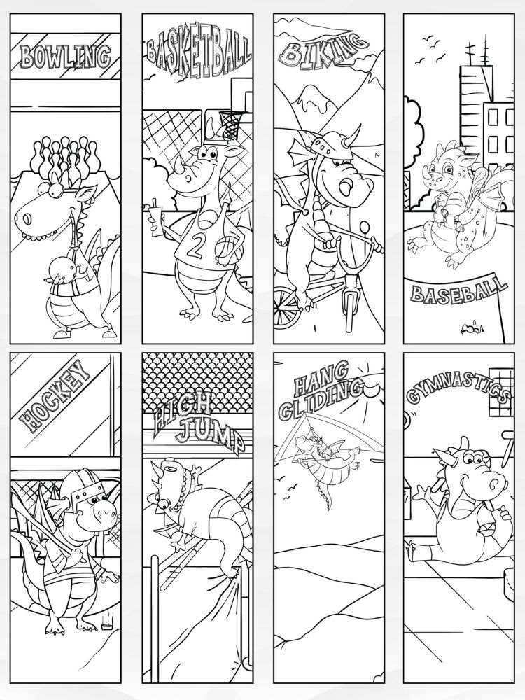 Printable Dragons Playing Sports Coloring Bookmarks - 2