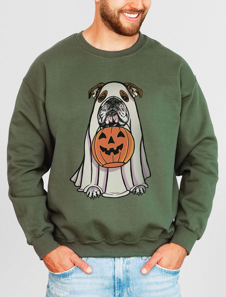 Funny Halloween English Bulldog(Brindle) Sweatshirt | Funny English Bulldog Wearing a Ghost Costume and Holding a Pumpkin Basket product image (15)