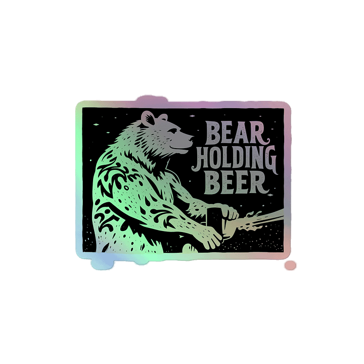 Whimsical Bear with Beer | Linocut Art Holographic Sticker product image (2)