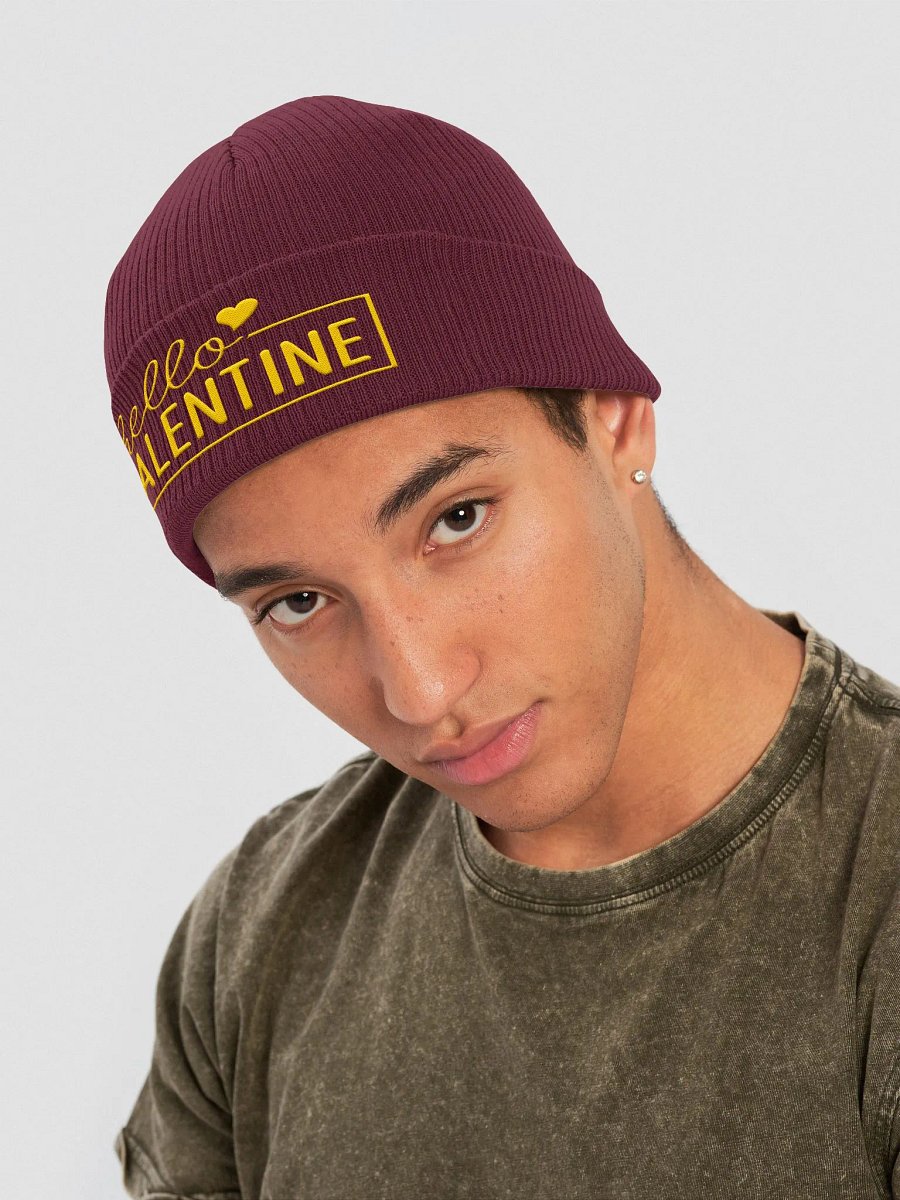 Hello Valentine Embroidered Organic Cotton Ribbed Beanie (Yellow Text) product image (4)