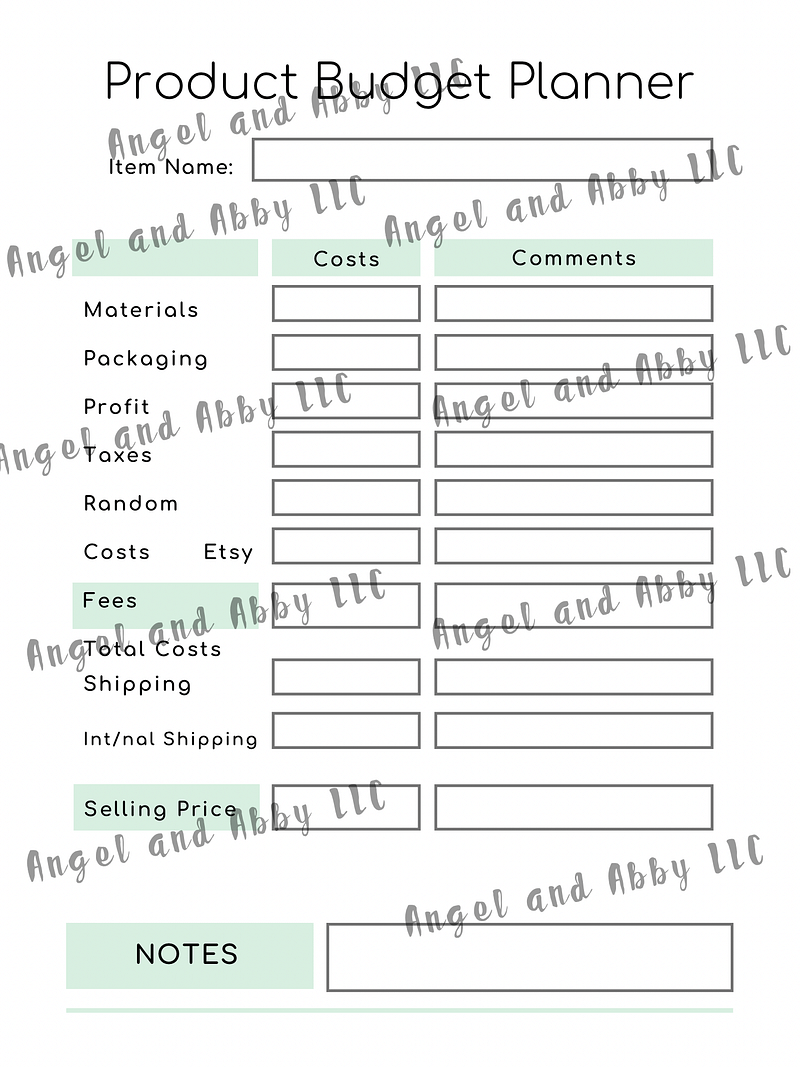 Printable Product Budget Planner sheet