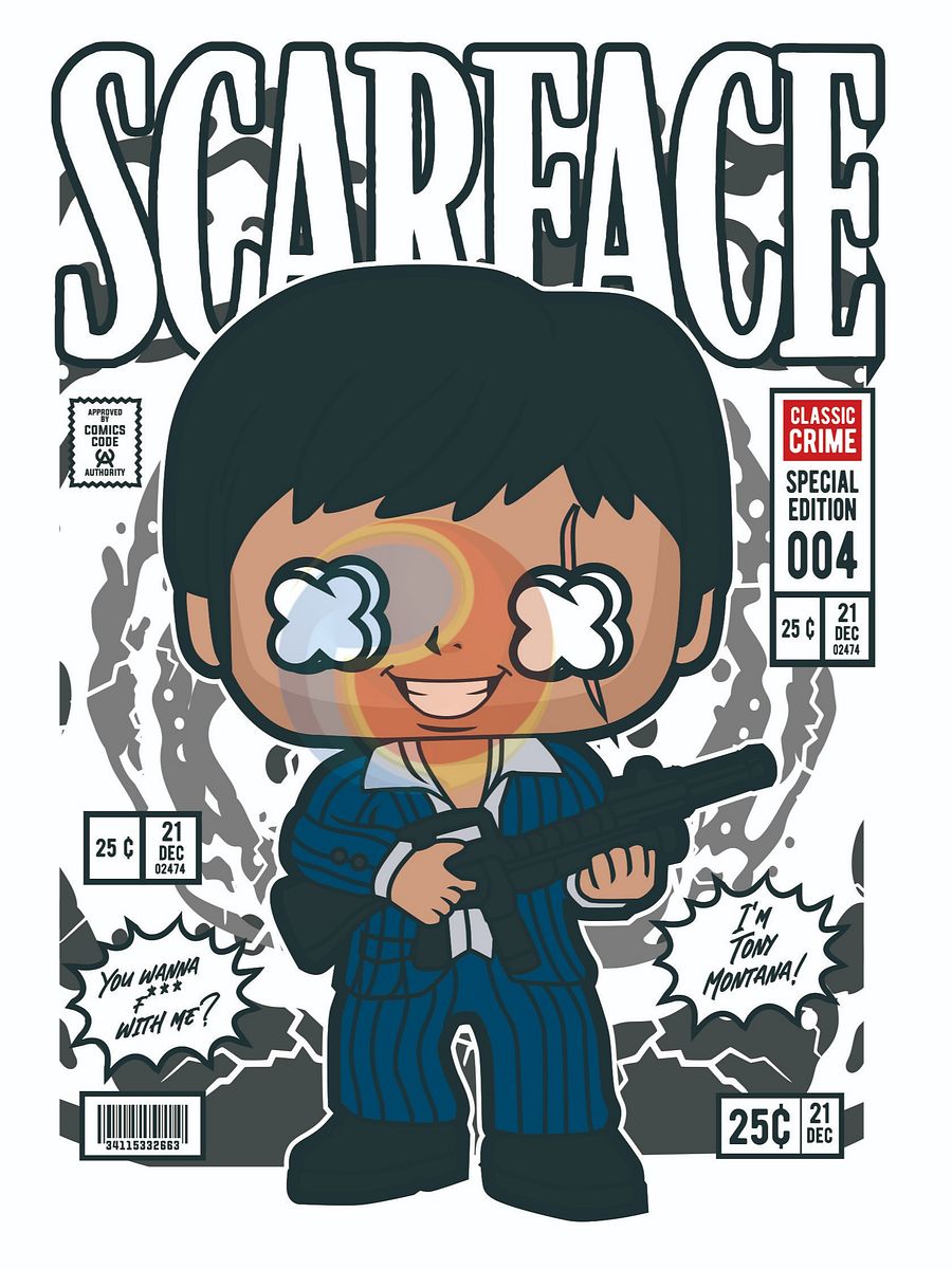 Cartoon Scarface Comic Cover – Chibi Gangster with Machine Gun Vector - Instant Download product image (1)