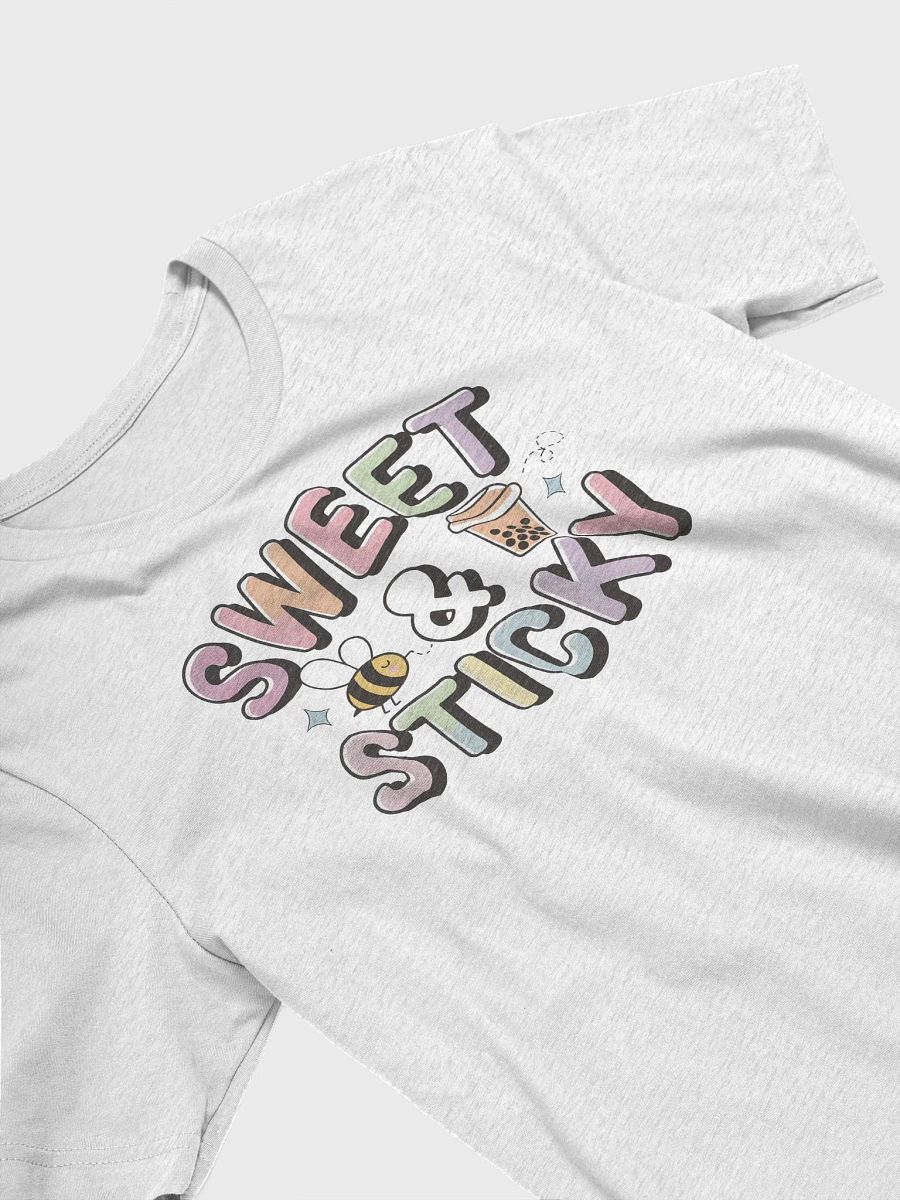 “Sweet & Sticky” t-shirt, bee and bubble tea graphic, motivational vibe clothing, adorable bee design, joyful outfit choice, unique graphic tee , bubble tea fan shirt, gift idea product image (3)