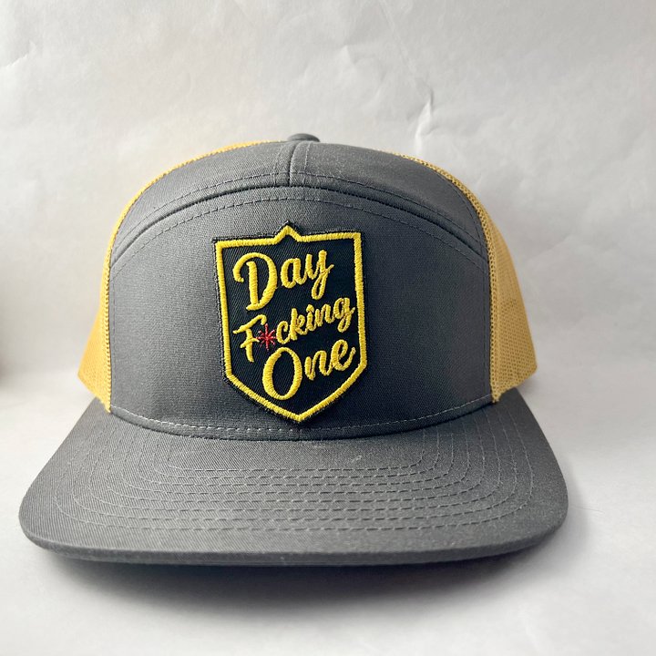 VGK “Day F*cking One” Embroidered Patch on Charcoal/VegasGold 7-panel Trucker Hat product image (1)