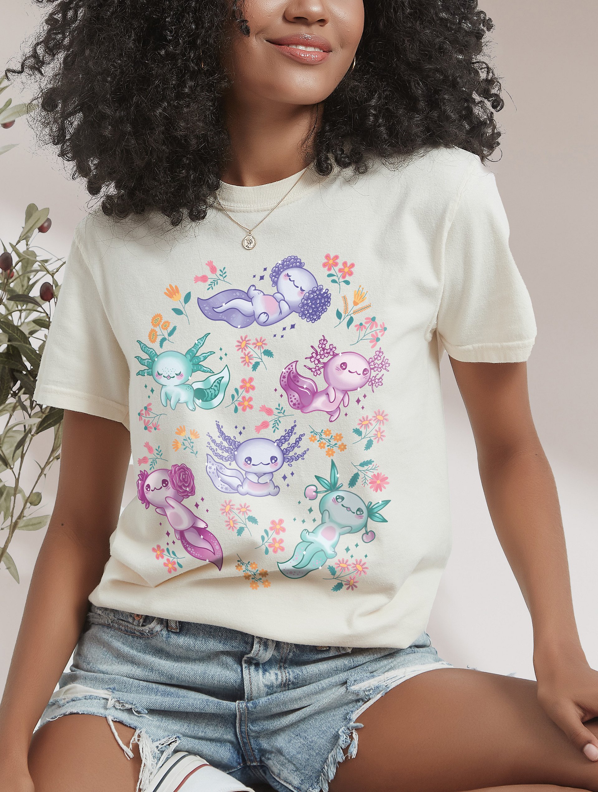Cottagecore-Style Shirt of Kawaii Axolotls | Cottagecore, Goblincore, and Forestcore-Inspired Axolotl T-Shirt product image (13)