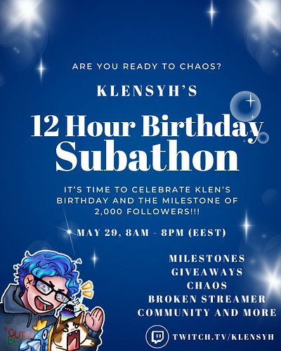 ✨12 Hour Birthday + 2,000 Follower Celebration Subathon ✨

On May 29, at 8AM (EEST), we shall celebrate yet another trip arou...