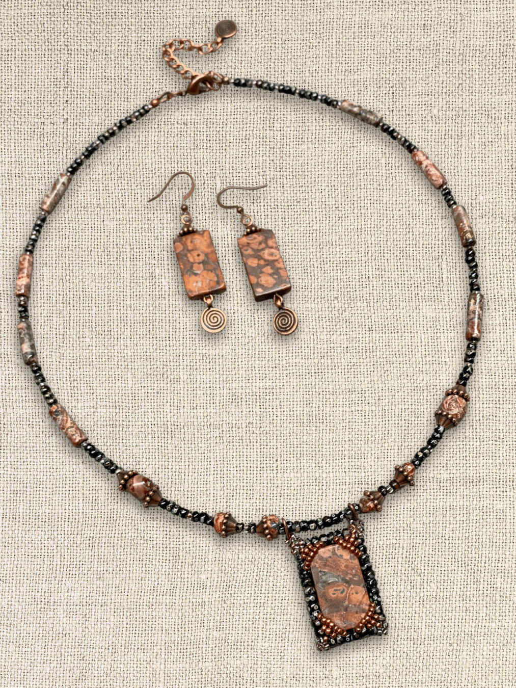 Leopard Print Jasper Red/Black Beaded Pendant Necklace and Earrings product image (4)