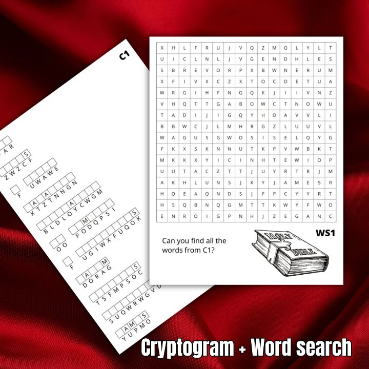Cryptogram and wordsearch | Books of the bible cryptograms and word search. Printable bible games product image (1)