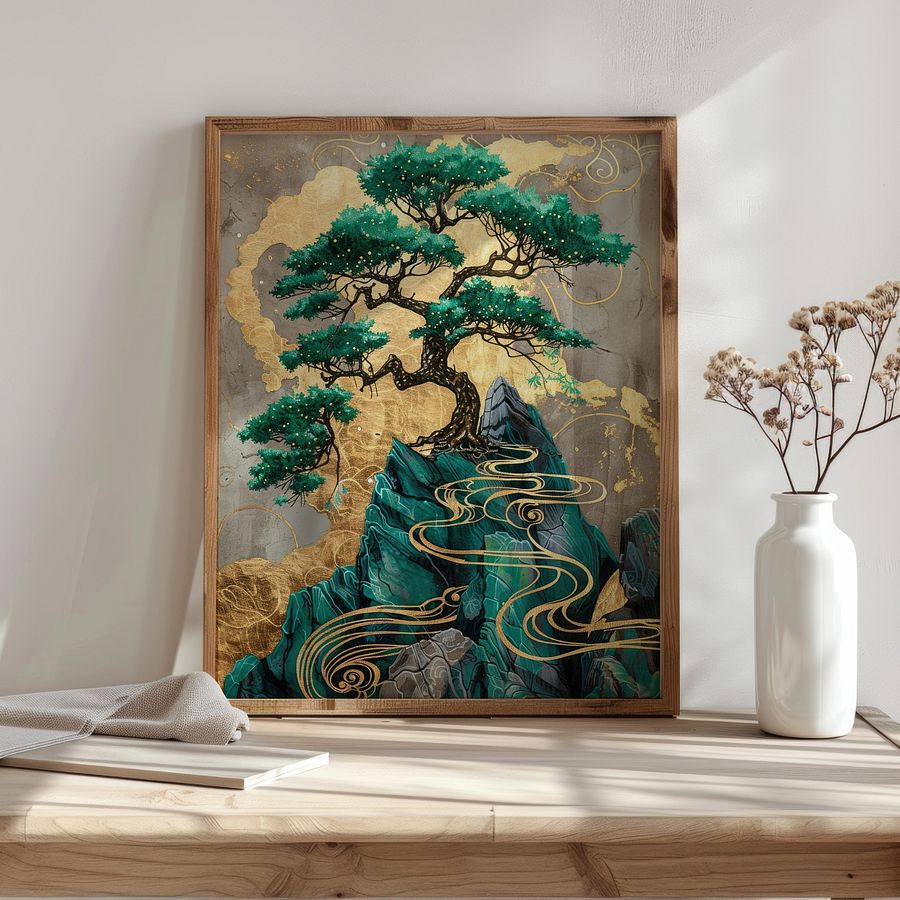 Emerald Green& Gold Kintsugi Bonzai Tree Japanese Art Print product image (23)