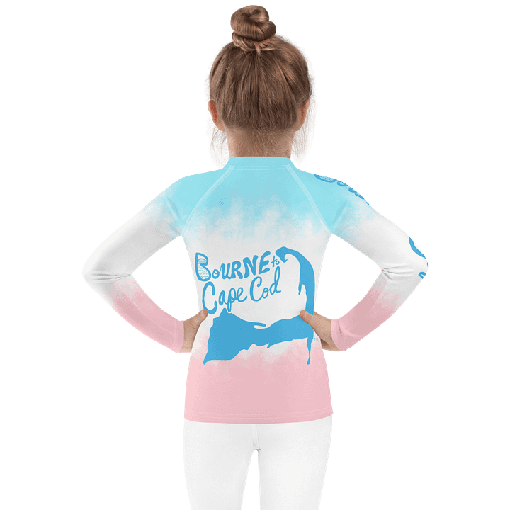 Girls' | Little KIDS | Rash Guard | BRN.2C.C.™ Front Print | BOURNE to Cape Cod™ Back & Sleeve Logo | Coastal UV Shirt for Active Kids | Slim Fit Swim Top | Blue Logo on Patriotic Pastels product image (2)