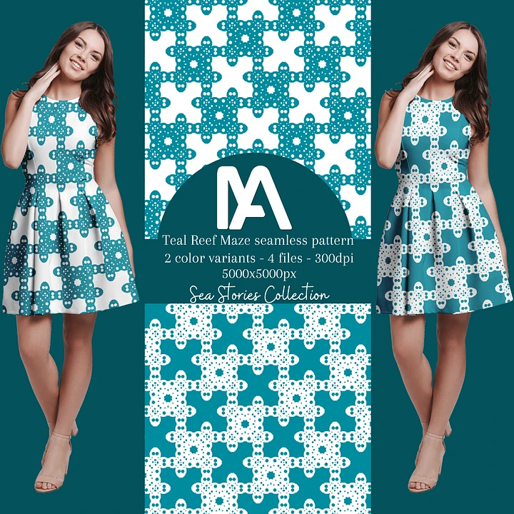 Instant Download - Teal Coral Reef maze seamless pattern - 2 variants bundle product image (1)