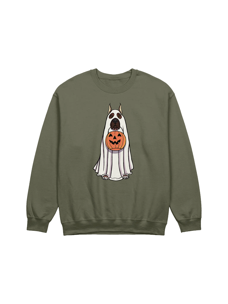 Funny Halloween Great Dane(Cropped Ears Brindle) Sweatshirt | Funny Great Dane Wearing a Ghost Costume and Holding a Pumpkin Basket product image (17)