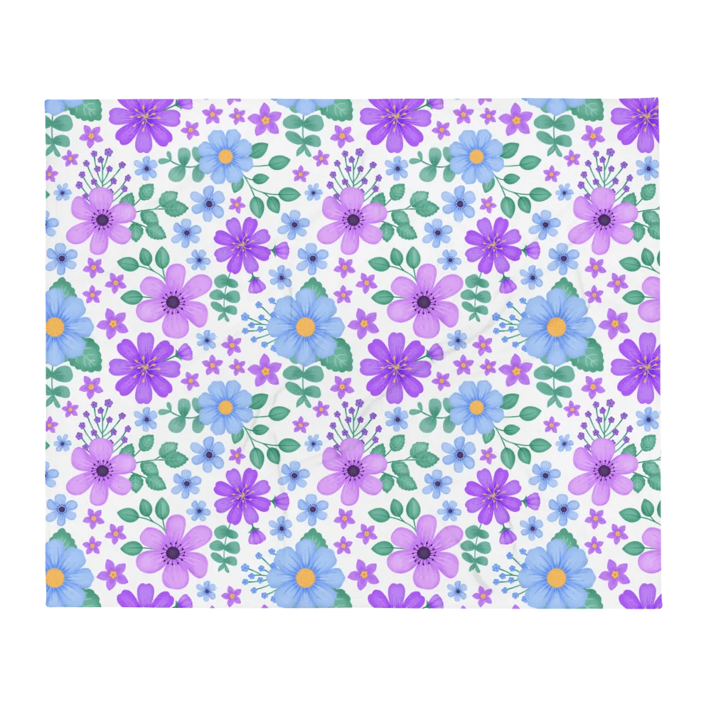 Vibrant Floral Blooms Blue Mauve Purple Blanket - White product image (2)