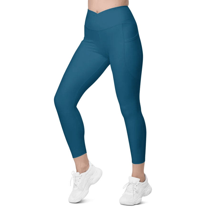 Plain Dark Blue True Summer Women's High Waisted Premium Crossover Leggings with Pockets by Treasure Pie product image (7)