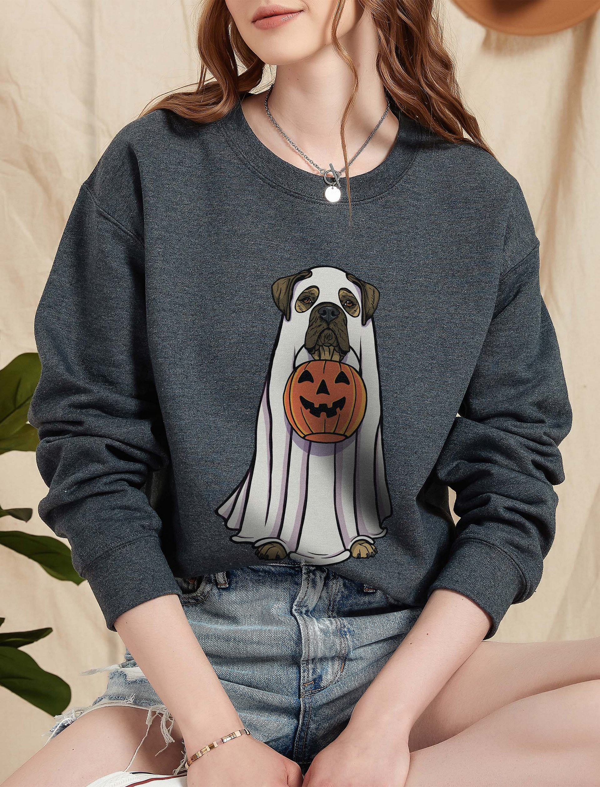 Funny Halloween Bullmastiff Sweatshirt | Funny Bullmastiff Wearing a Ghost Costume and Holding a Pumpkin Basket product image (5)