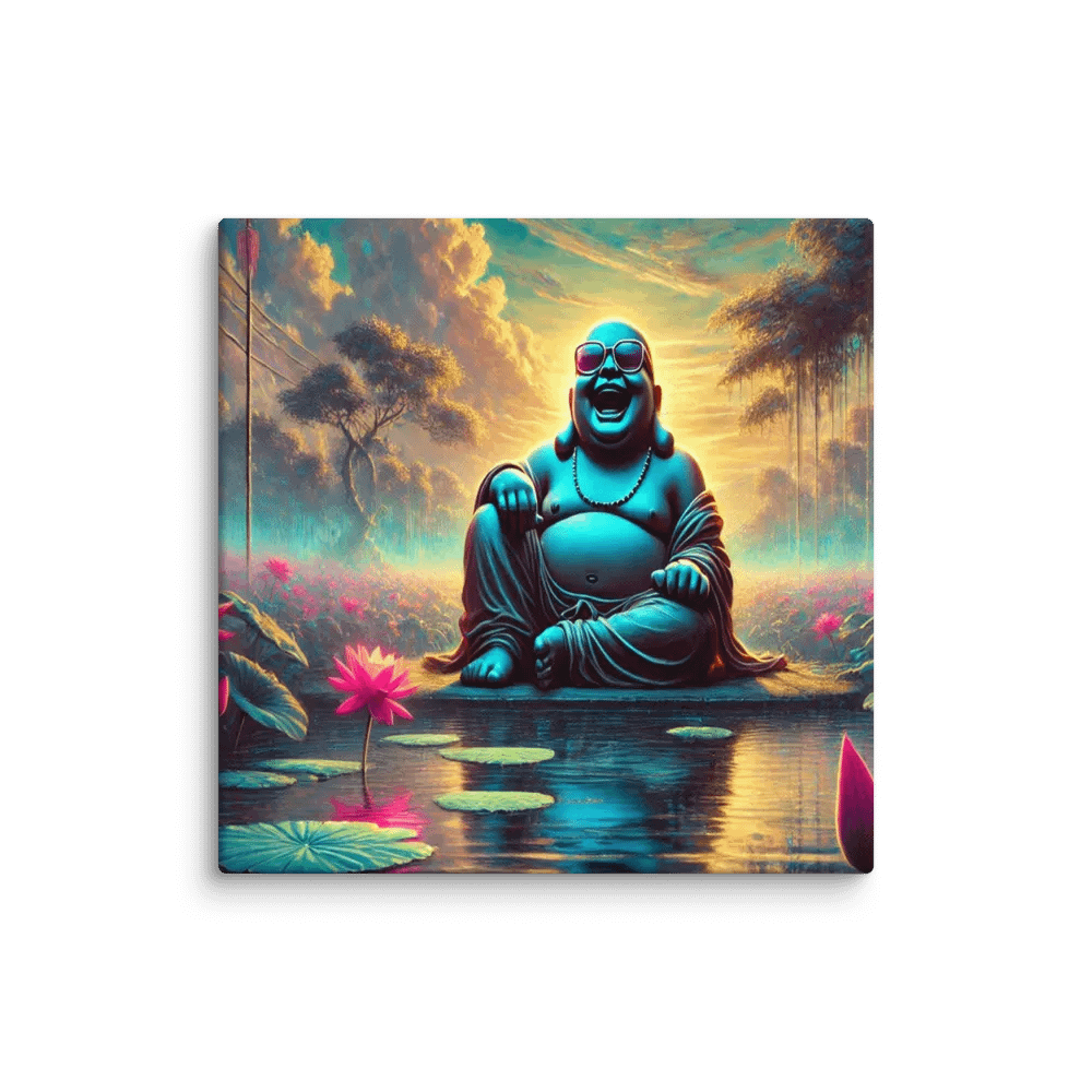 Joyful Buddha Art on Canva: Laughing Buddha by Pond Surrounded by Lotus Flowers in a Party Mood product image (1)