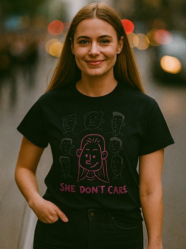 “She Don’t Care” isn’t just a tee – it’s a statement.
Amidst all the controversy looks, she stands out, confident and unapolo...