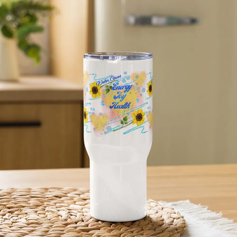 Travel mug with handle with beautiful sunflowerr water drops featuring ' This water gives Harmony in Body and Mind