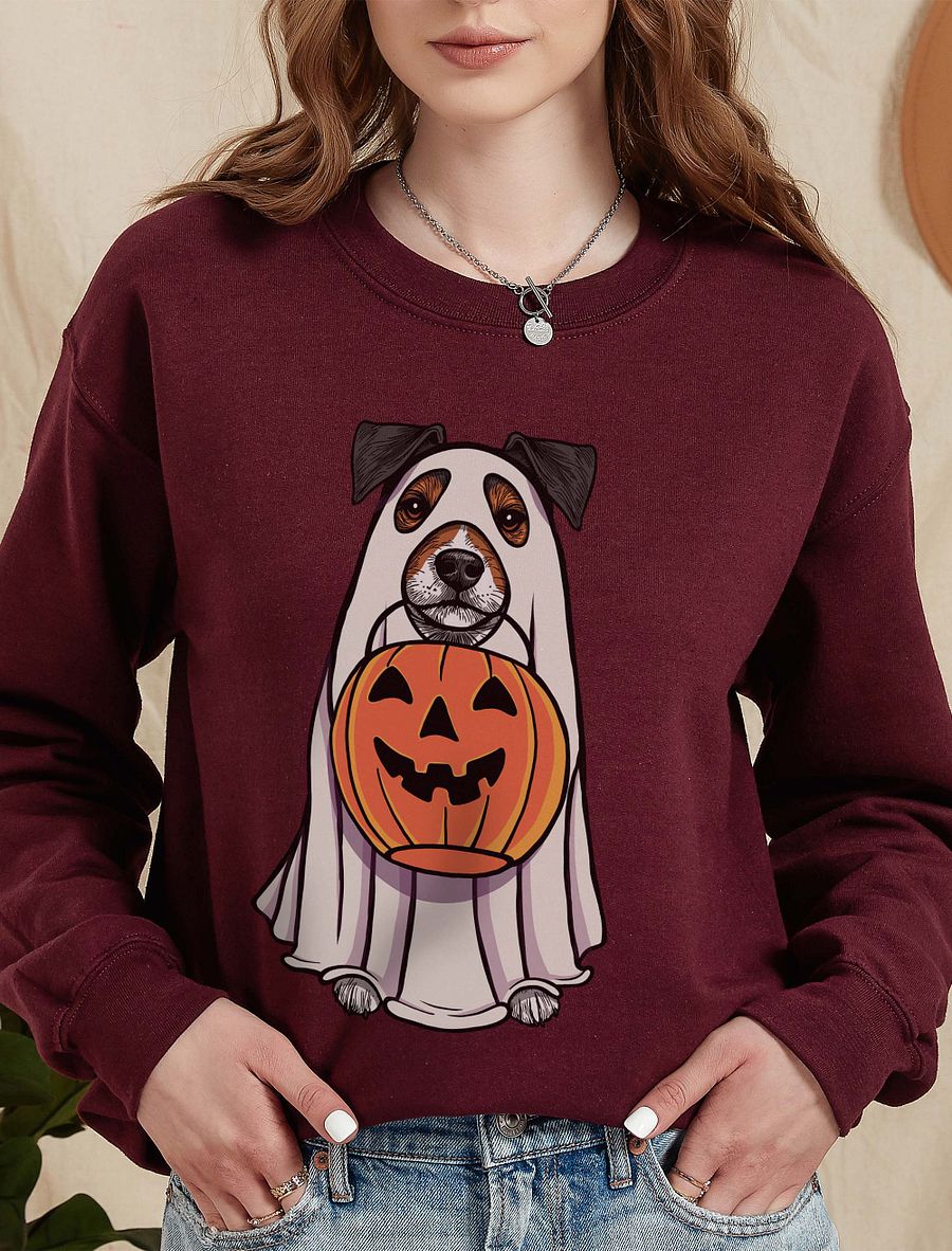 Funny Halloween Jack Russell Terrier(Grizzle) Sweatshirt | Funny JRT Wearing a Ghost Costume and Holding a Pumpkin Basket product image (6)