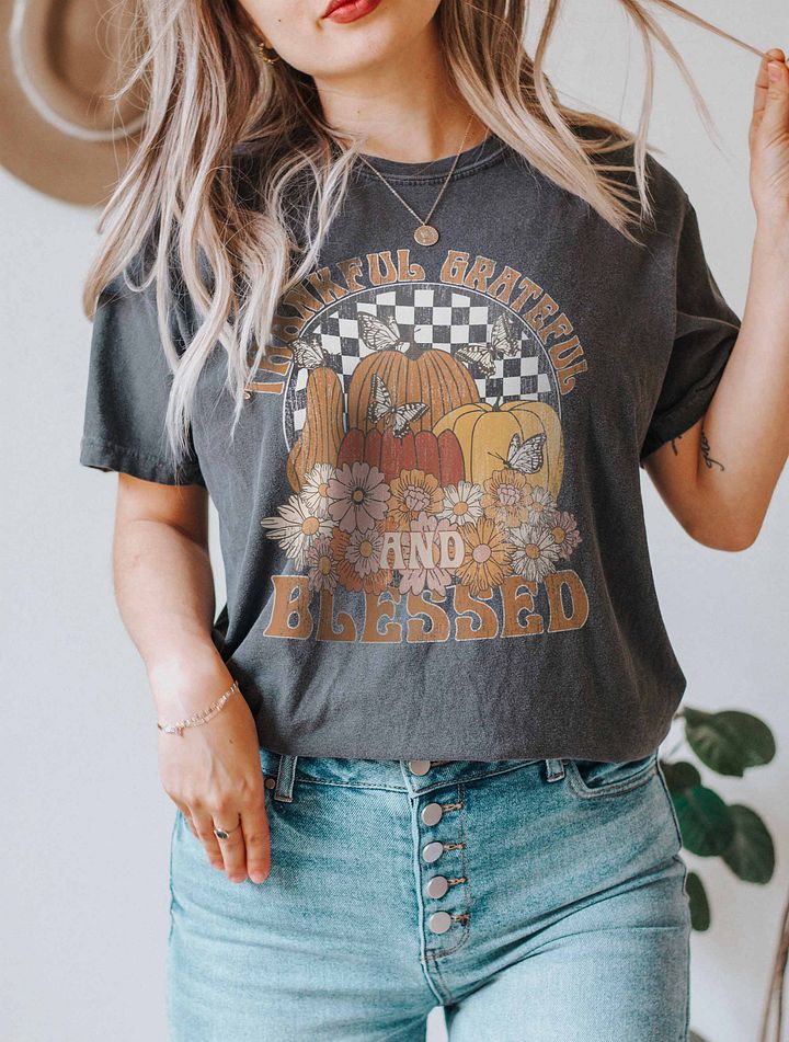Thankful, Grateful, and Blessed Pumpkins and Flowers T-Shirt | Motivational Fall and Thanksgiving T-Shirt Design product image (20)