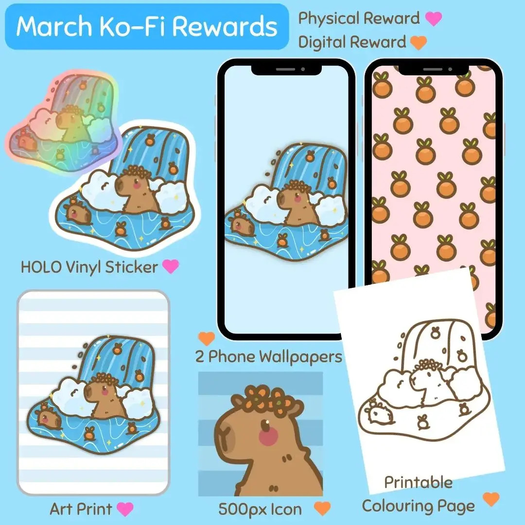 I finally drew a capybara! 🍊 Which is Marchs theme for my Ko-Fi Membership. This month gets a holographic sticker too! Sign up link is in my bio, there are a few tier options that suit everyone 🧡#fyp #foryoupage #kofi #stickerclub #wallpapera #stickers #capybara #capybaratiktok #kawaiiart 