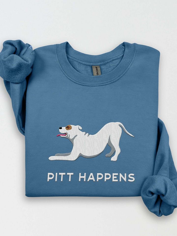 Pitt Happens Sweatshirt (Embroidered) of a Pitbull Terrier(White) product image (1)