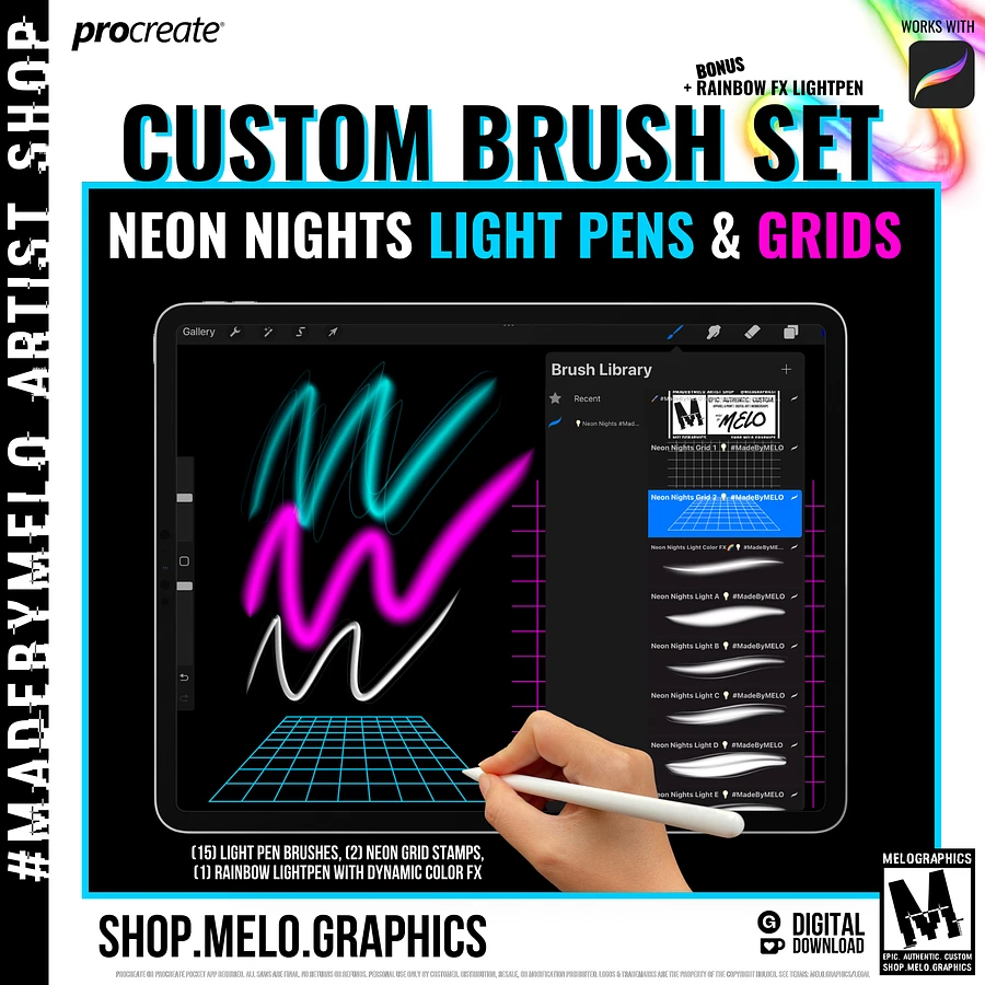 Neon Nights Procreate Light Pens & Grids Brush Set Bundle | #MadeByMELO product image (2)