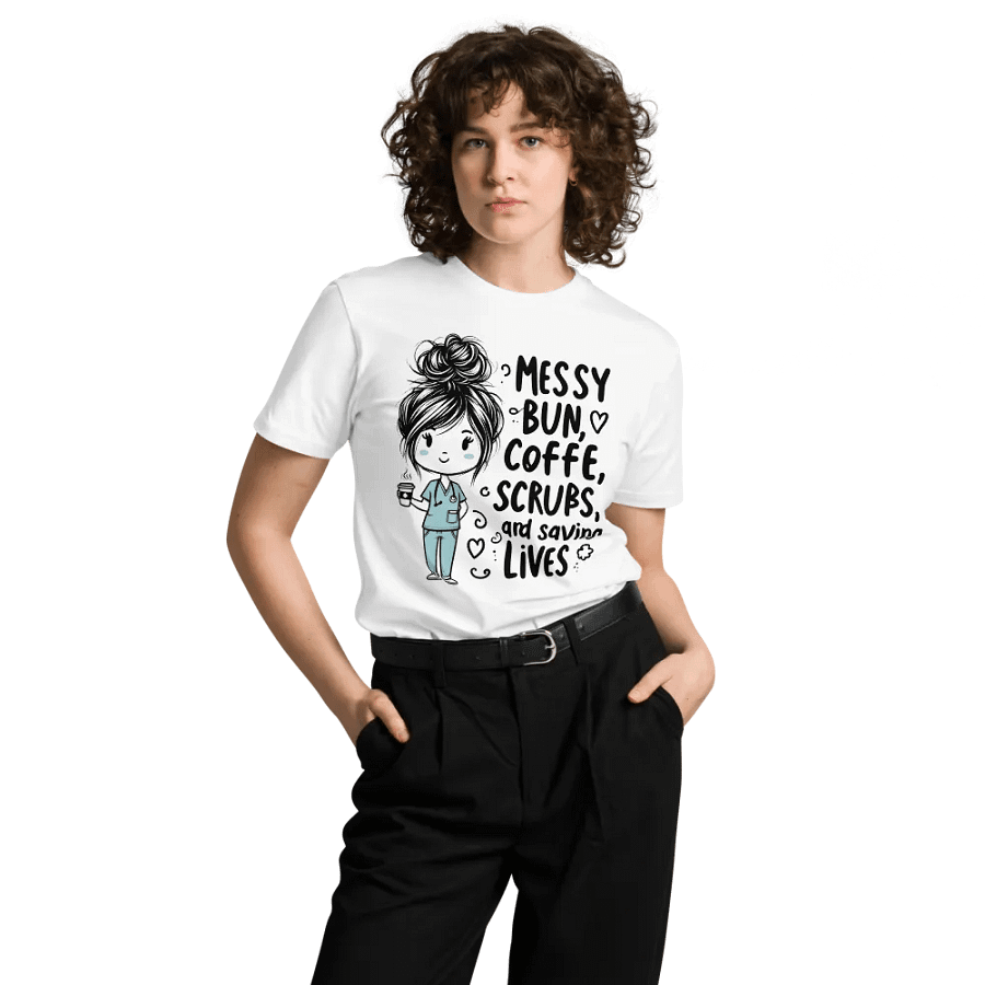 Messy Bun, Coffee, Scrubs & Saving Lives T-Shirt product image (8)