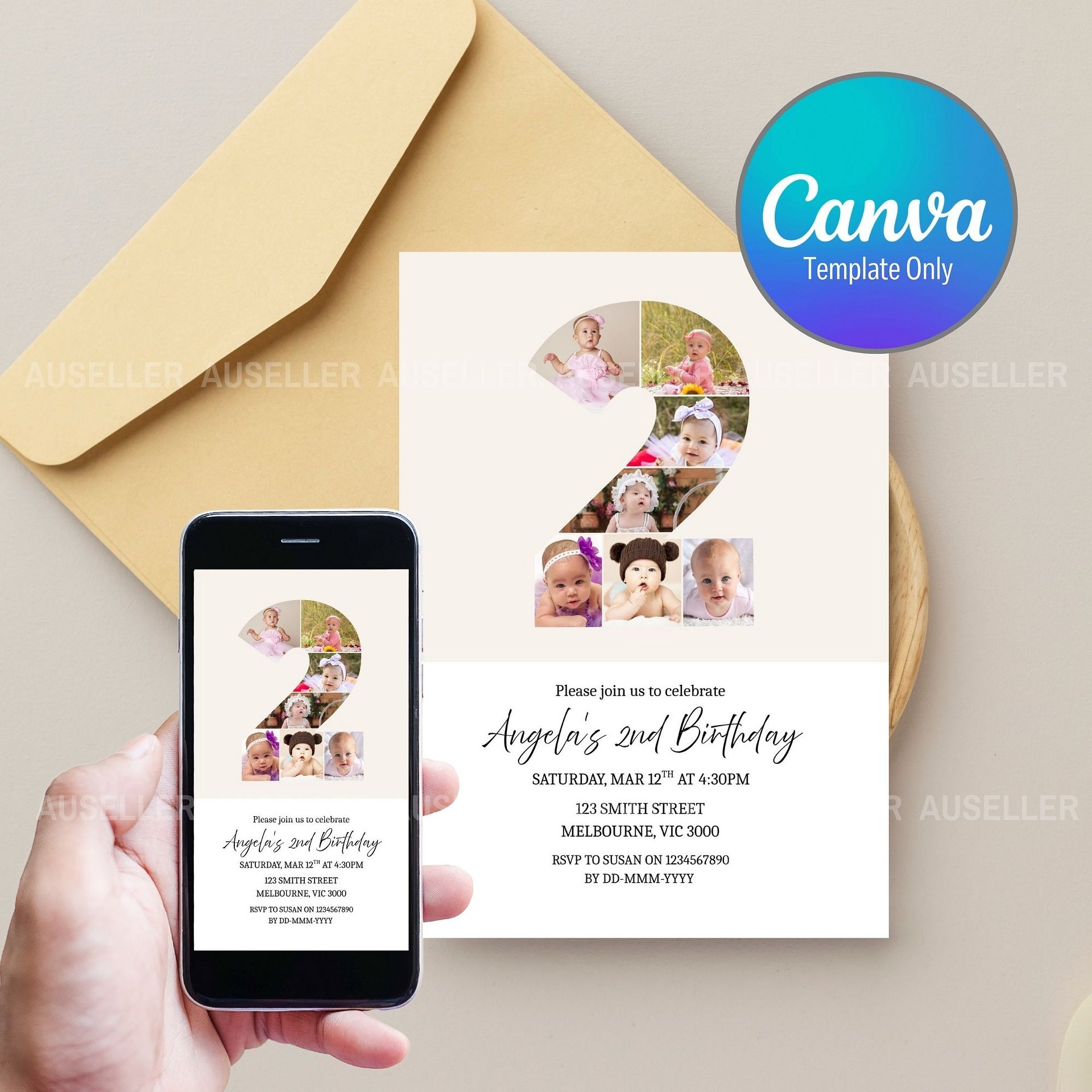 2nd Birthday Photo Collage Editable Invitation Template product image (1)