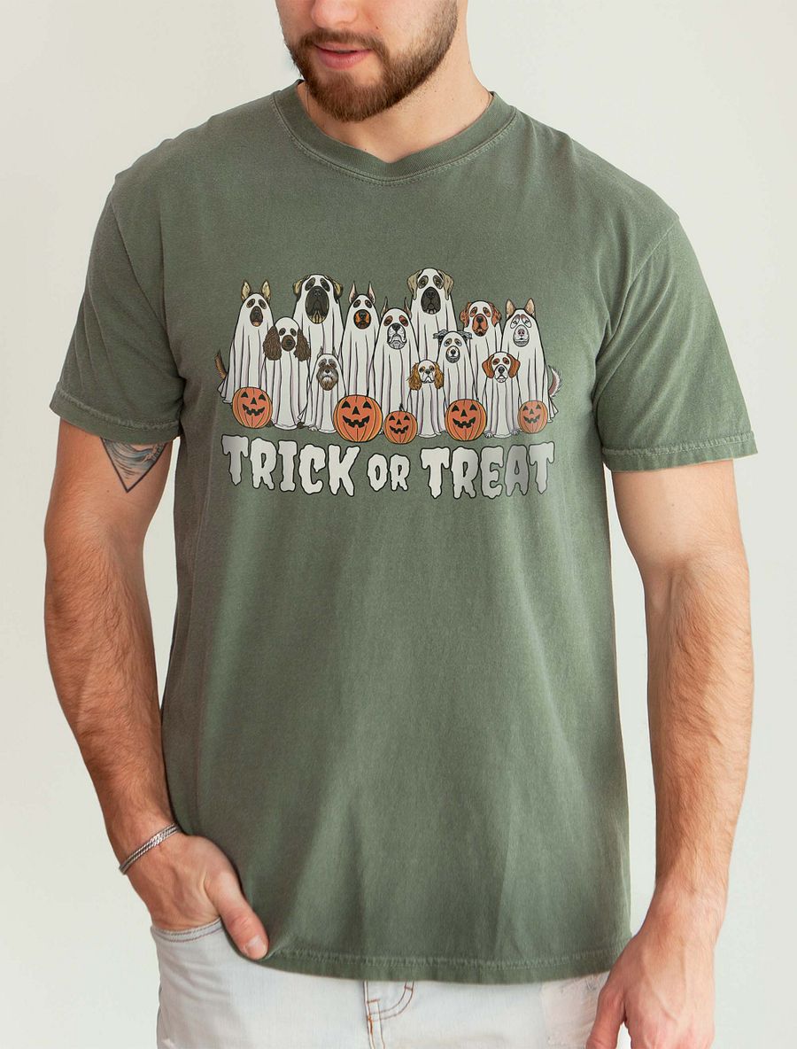 Trick or Treat Funny Halloween Dogs T-Shirt | Funny Dogs Wearing Ghost Costumes and Holding Pumpkin Baskets product image (5)