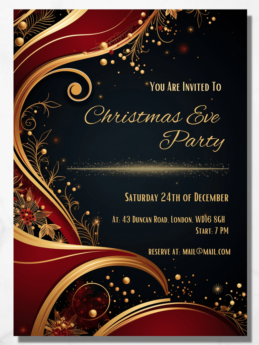 Red and Gold Christmas Eve Party Invitation | Editable in Canva | Christmas Party Printable | Holiday Invitation Template | Link to Canva product image (6)