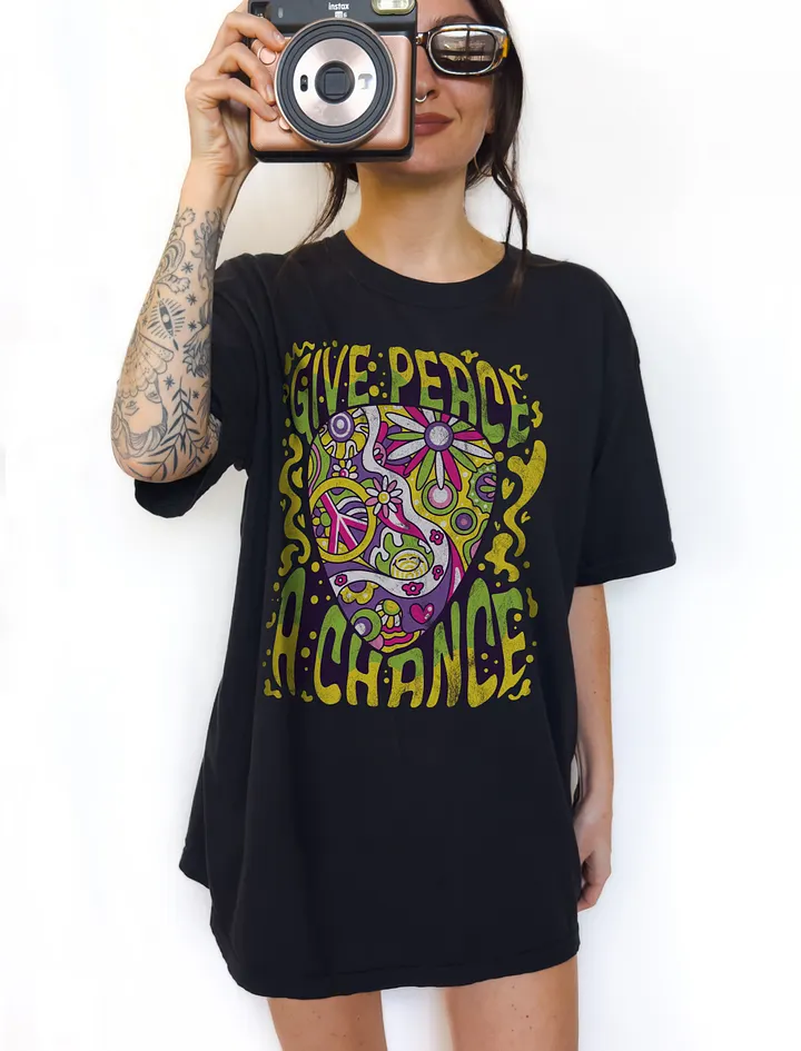 Give Peace a Chance | Trippy Hippie Guitar Pick with Hippie Symbols | Boho-Retro Style T-Shirt Design product image (1)