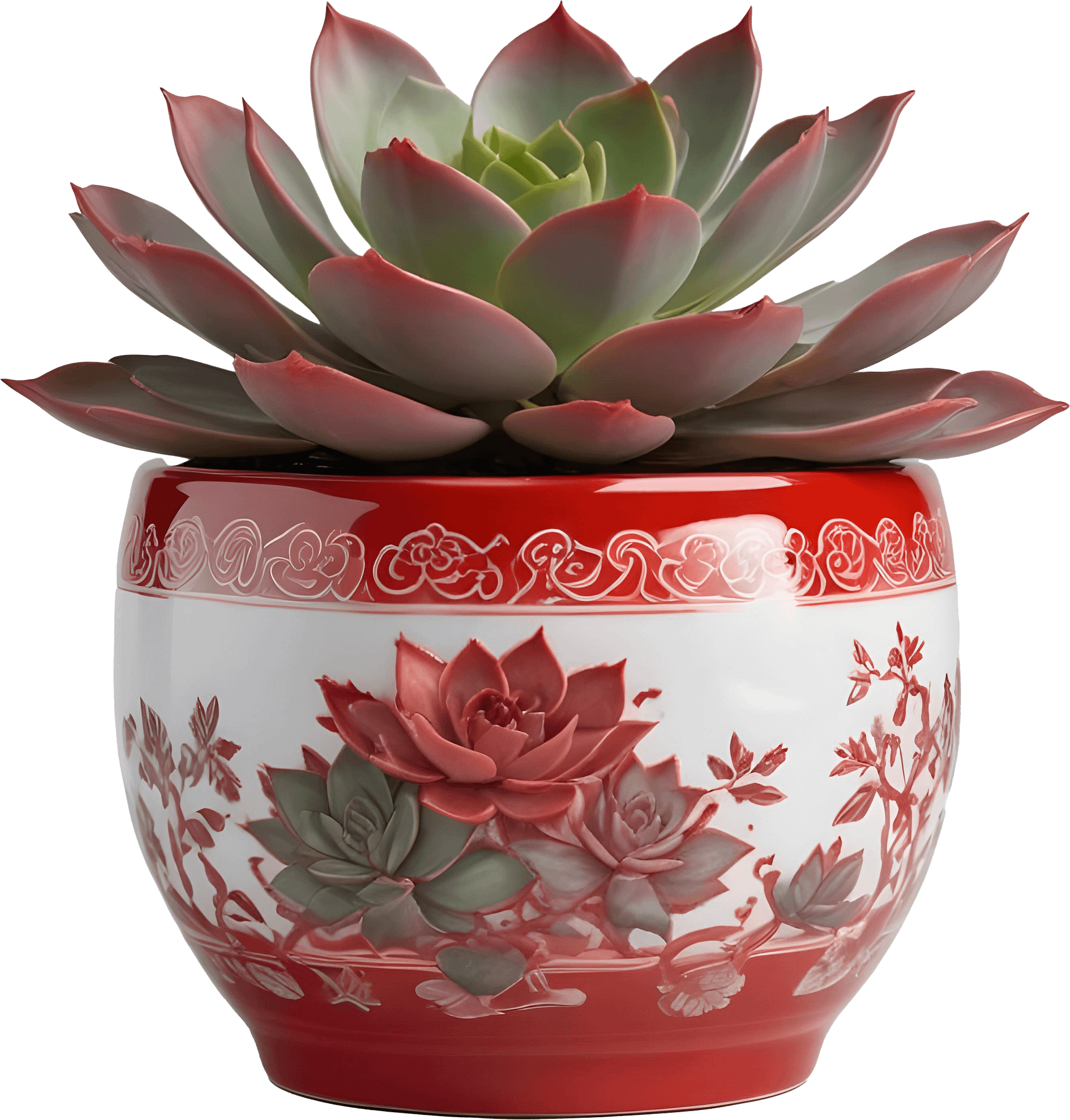 Chinese Porcelain Pot with Succulent – Red and White Floral Design PNG product image (1)