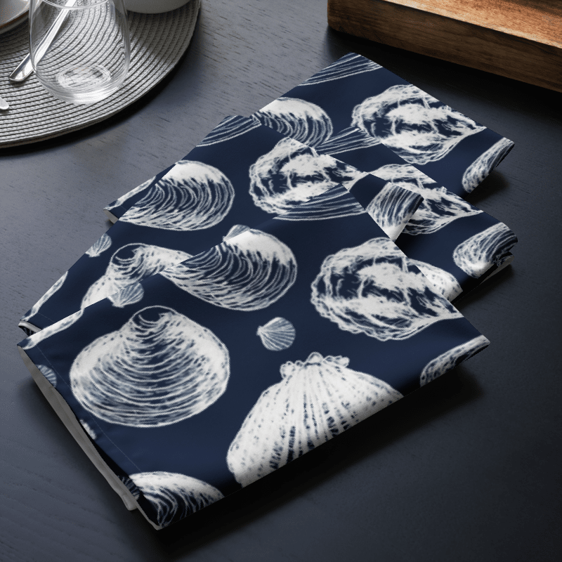 New England Tidal Treasures | Seashell Napkin Set | Monique Faella Designs™ | White on Dark Blue product image (7)