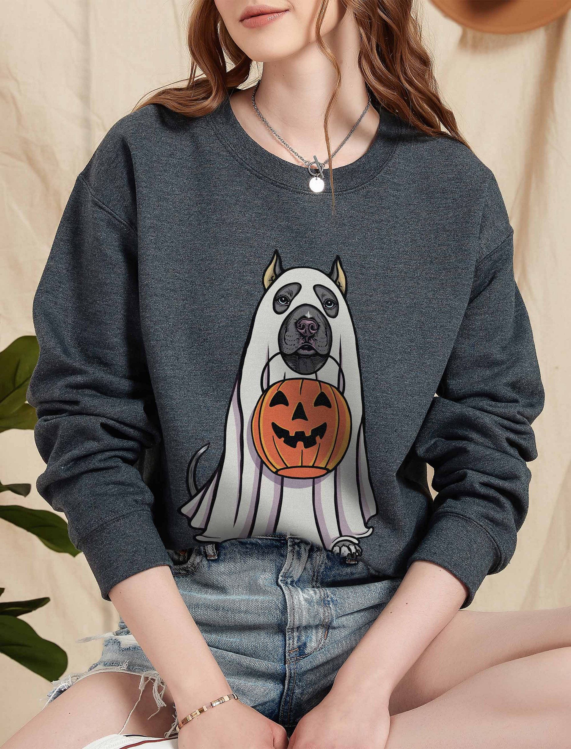 Funny Halloween Pitbull Terrier(Cropped Ears, Blue) Sweatshirt | Funny Pittie Wearing a Ghost Costume and Holding a Pumpkin Basket product image (5)