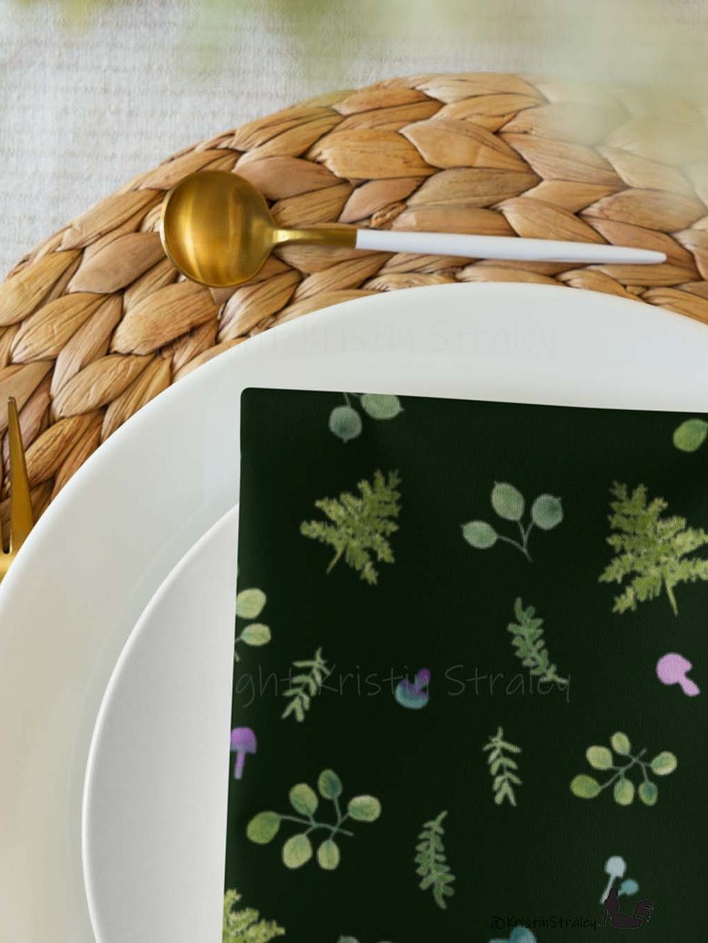 Woodland Ferns & Mushrooms on Dark Green Cloth Napkin Set of 4 product image (5)