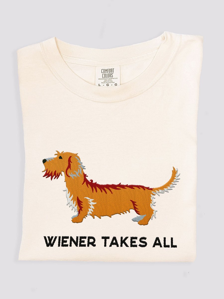 Wiener Takes All T-Shirt(Embroidered) of a Wirehaired Dachshund(Tan) product image (1)
