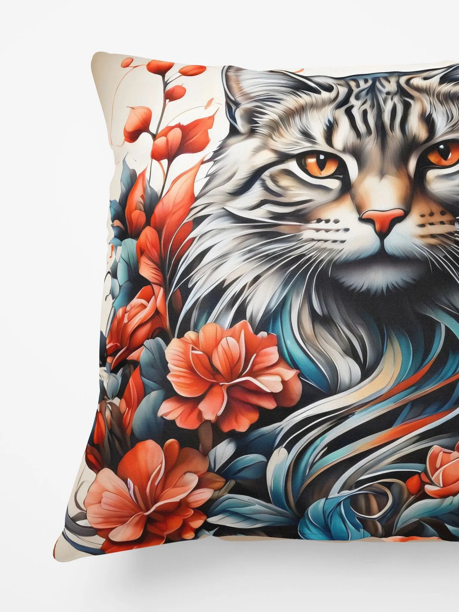Cat with Fiery Florals Pillow product image (5)