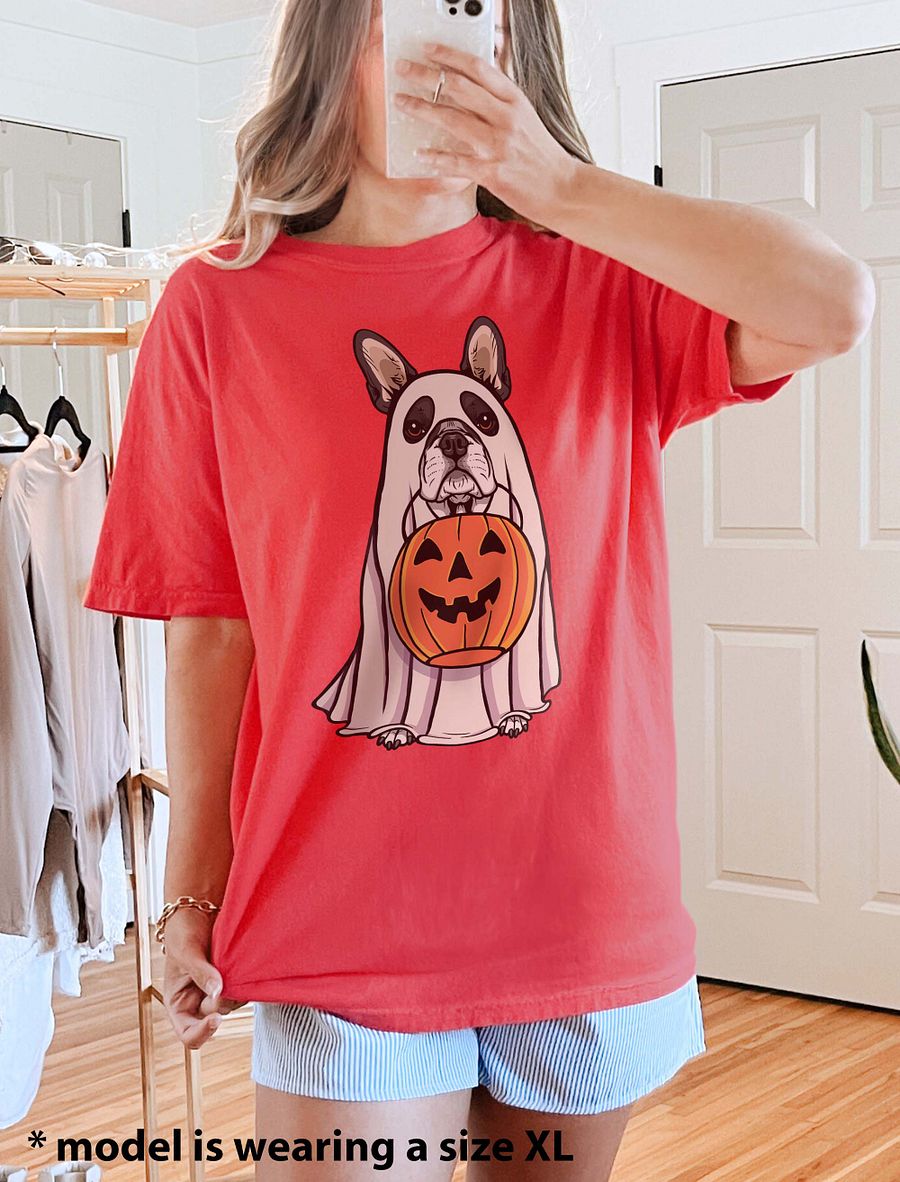 Funny Halloween Boston Terrier T-Shirt | Funny Boston Terrier Wearing a Ghost Costume and Holding a Pumpkin Basket product image (6)