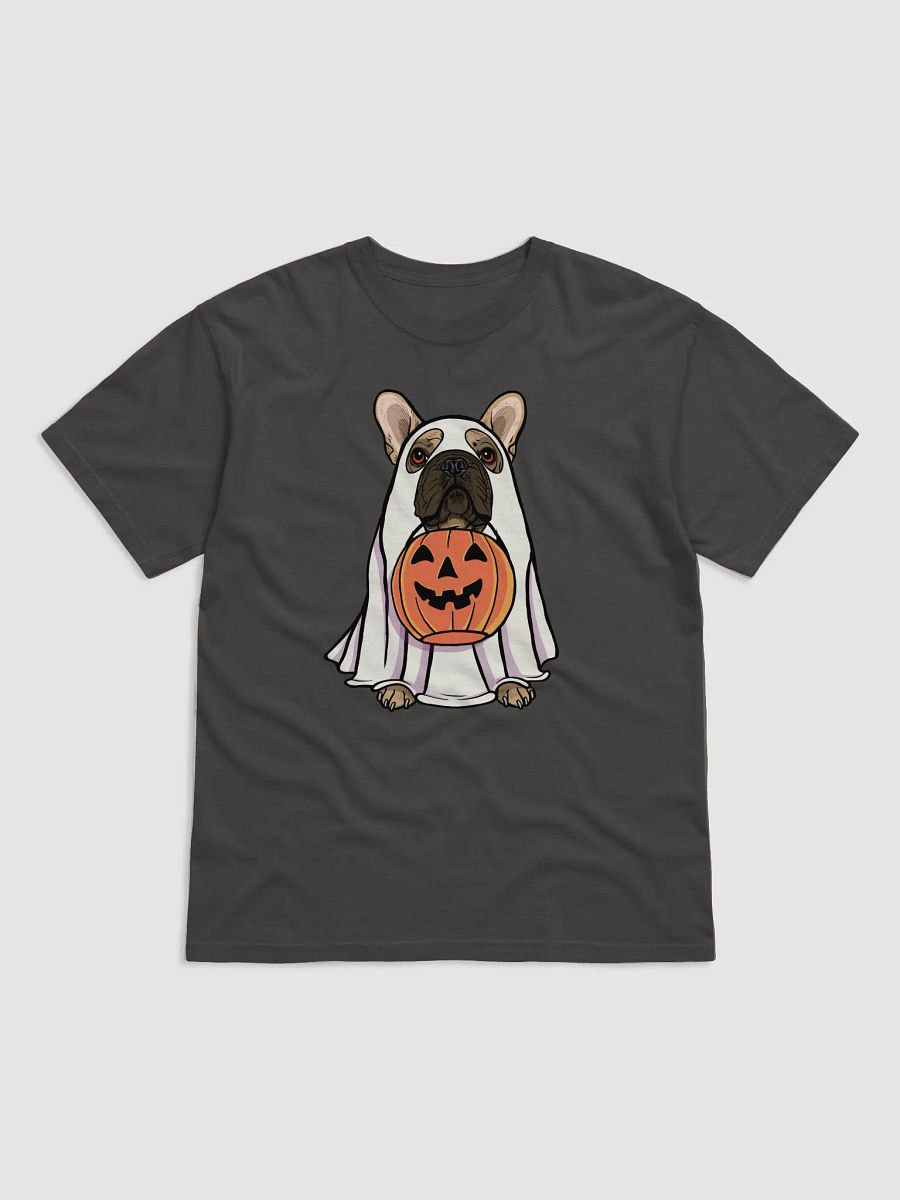 Funny Halloween French Bulldog T-Shirt | Funny Frenchie Wearing a Ghost Costume and Holding a Pumpkin Basket product image (17)