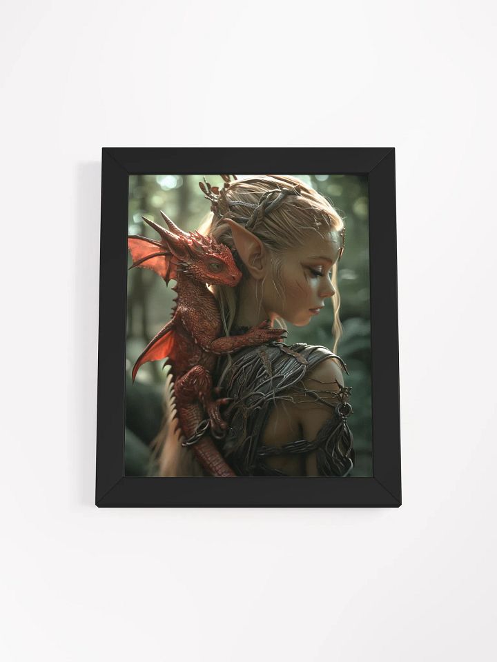 Young elf with her small dragon on the back - Framed High Quality Matte Poster product image (1)