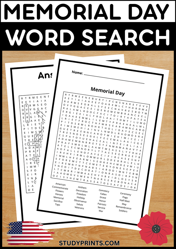 Memorial Day Word Search Printable product image (1)