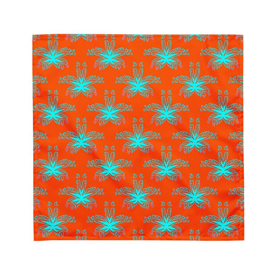 Orange Aqua Blue Budz Cannabis Beach Bandana, Stoner Summertime Style 420 Fashion Accessory, Weird Weed Leaves Pattern, Twisted Pot Leaf Art product image (1)